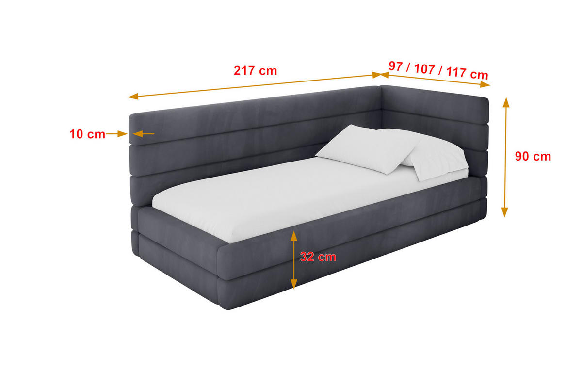 EINZELLBETT Jugendbett mit Bettkasten, Links - BEMY 90x200 Dunkelgrau - Dunkelgrau, Holzwerkstoff/Textil (90/200cm) - ALTDECOR