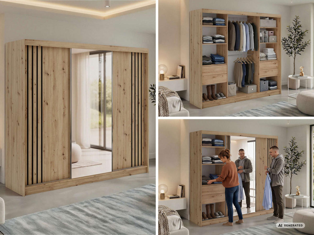 SCHWEBETÜRENSCHRANK mit Lamellen, Spiegel und Schubladen DIANA - 240 - Eiche Artisan und Schwarz - Schwarz/Alufarben, Holzwerkstoff/Metall (240/216/61cm) - MKS