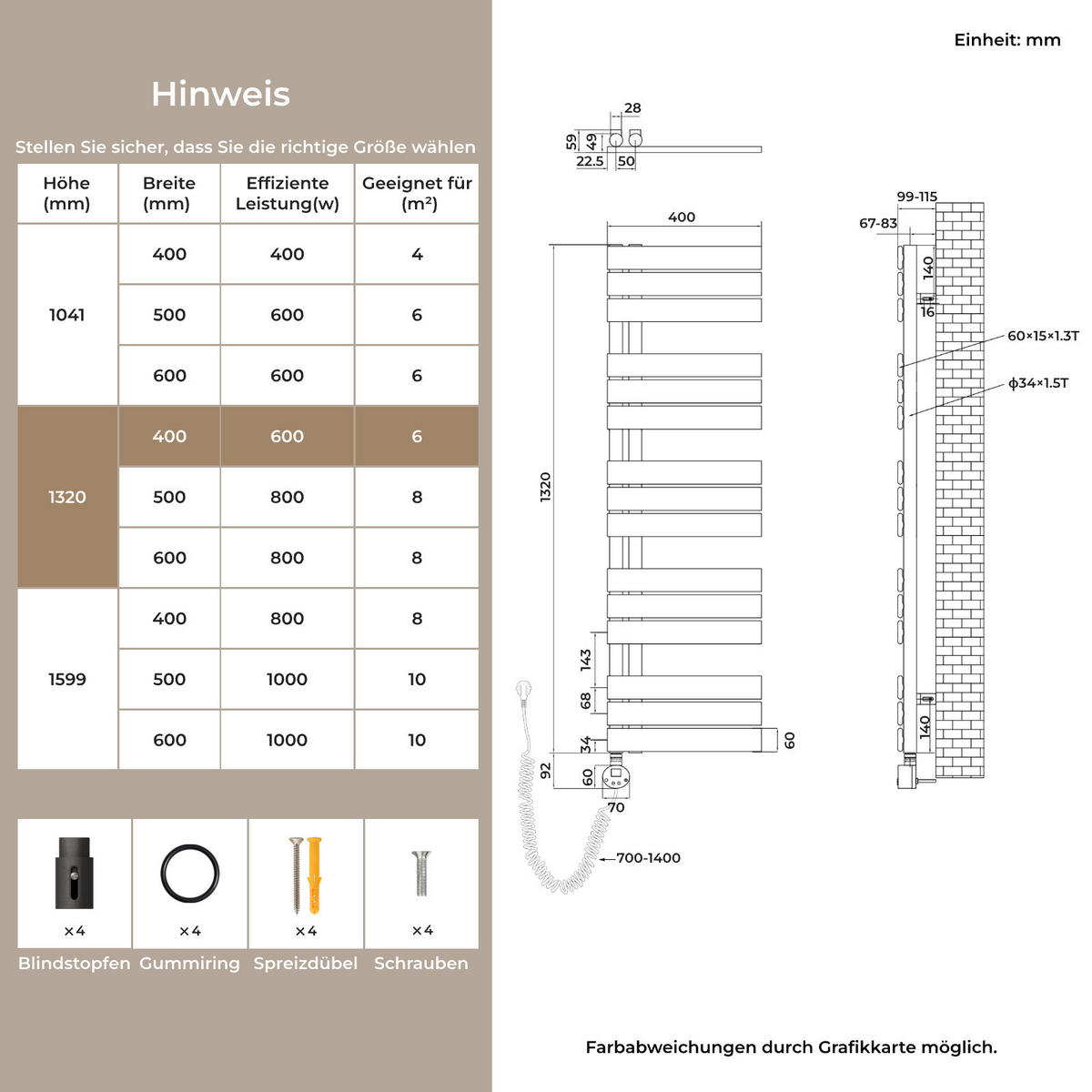 HANDTUCHHEIZKÖRPER 132/40 cm anthrazit elektrisch 600 W mit WLAN-Thermostat - Anthrazit, Metall (40/132/5.9cm) - S'AFIELINA