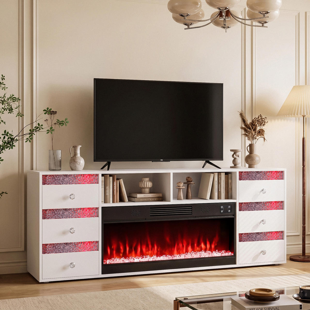 TV-SCHRANK mit Elektrokamin Beleuchtung RGB Lowboard 6 Schubladen Weiβ 180/40/65CM - Weiß, Metall (180/65/40cm) - VANITII