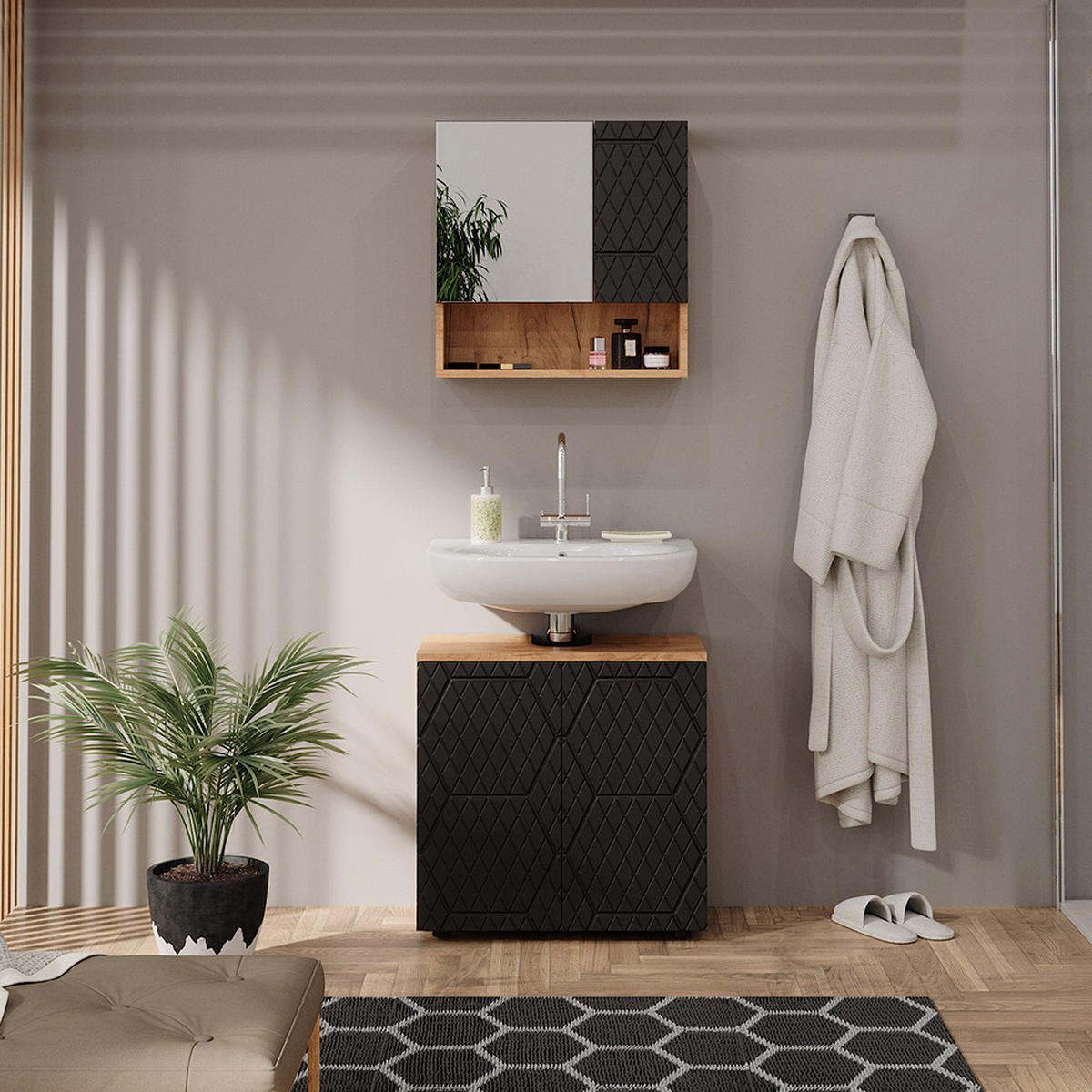 SÚPRAVA KÚPEĽŇOVÉHO NÁBYTKU Irma Antracit so štruktúrou včelieho plástu - antracitová, kompozitné drevo (80/58.6/41cm) - Vicco