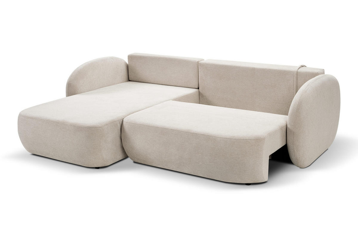 ECKSOFA AMICO L-S Creme Geflochtener Stoff mit Schlaffunktion - Creme, Holz (248/174cm) - MASSENO