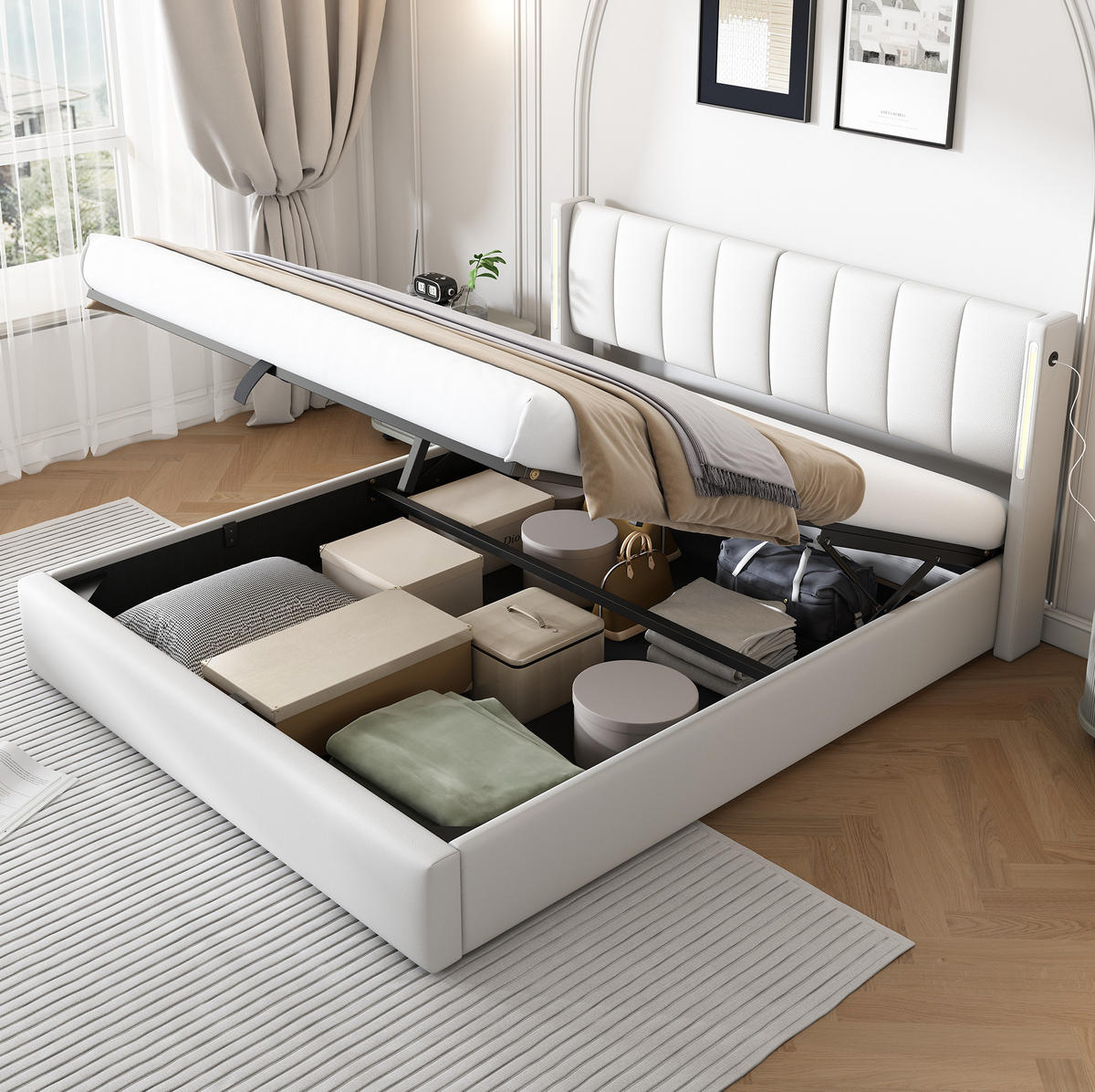 POLSTERBETT 160/200 cm aus PU mit LED-Beleuchtung, USB-Anschluss, Bettkasten und verstellbarem Kopfteil, Weiß - Weiß, Kunststoff (160/200cm) - Redom