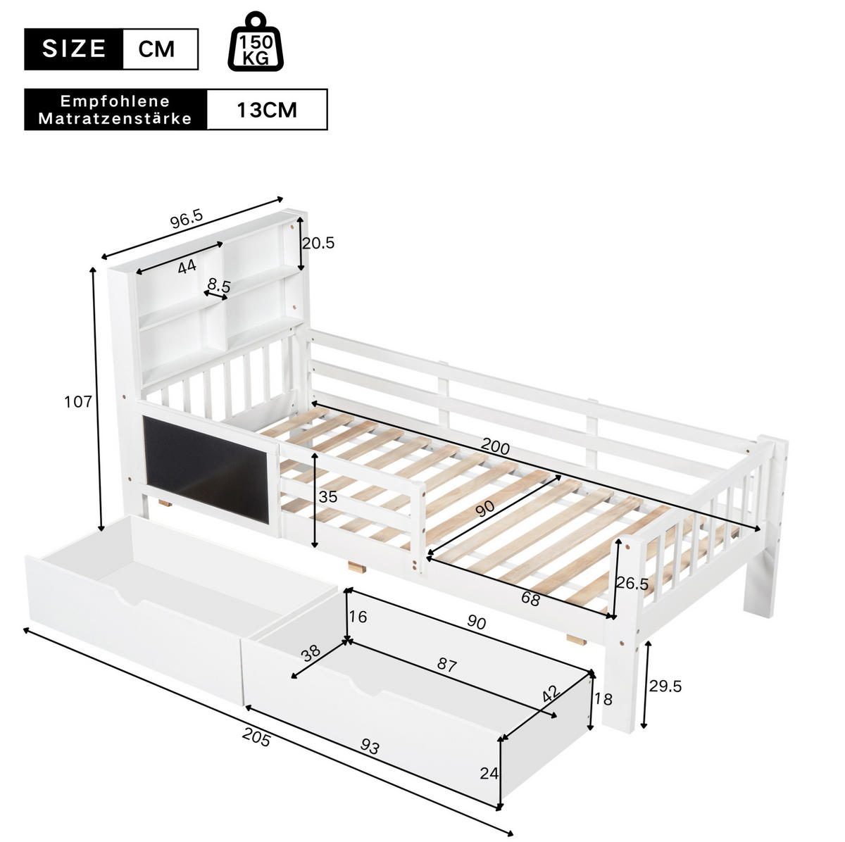 KINDERBETT 90/200 cm aus Massivholz und MDF mit Schubladen, Tafel und Sicherheitsleiste Weiß - Weiß, Holz (90/200cm) - Modenvie