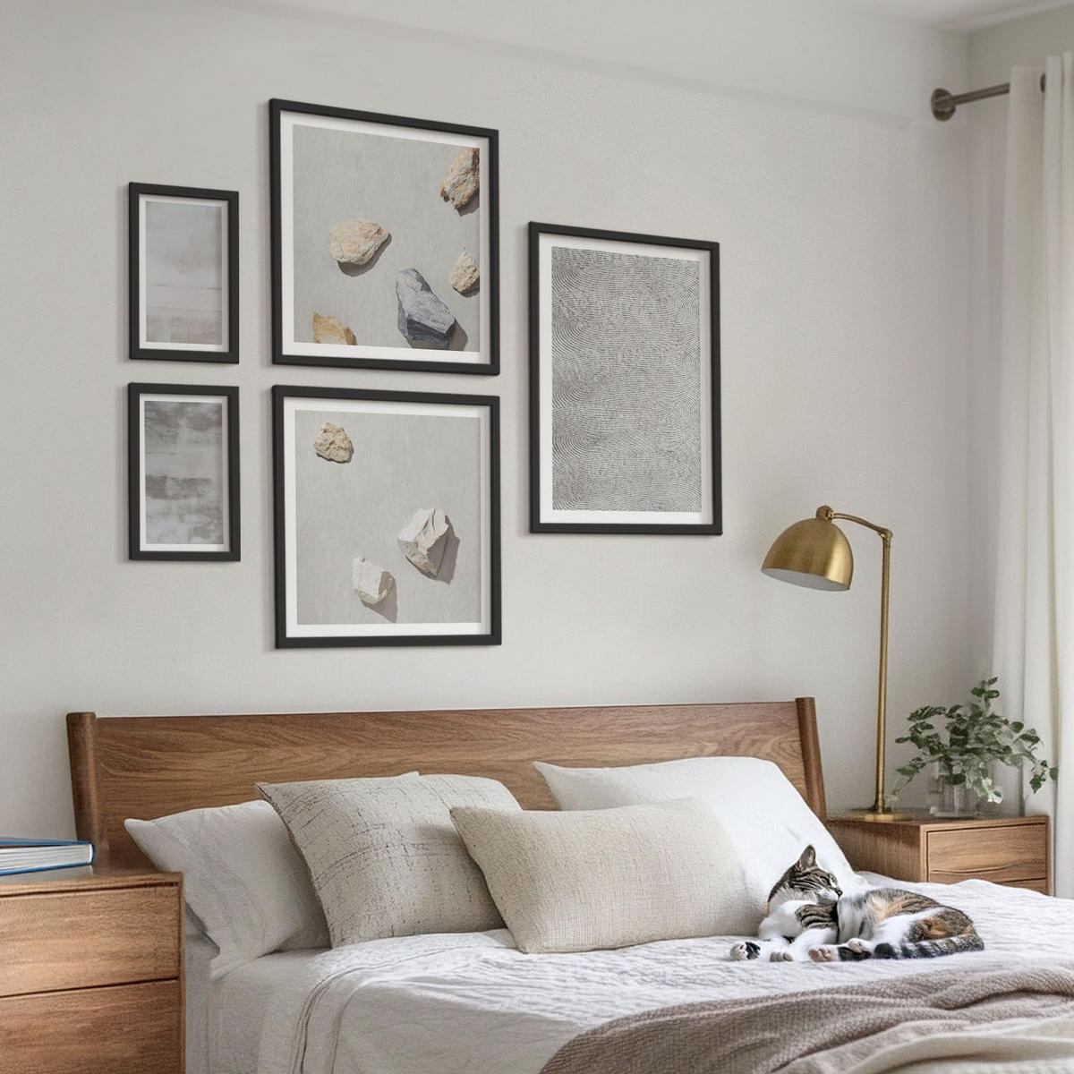 BILDER SET 5er Set - 50x50 cm & 20x30 cm & 40x60 cm Schwarzer Rahmen - Moderne minimalistische Texturen - Schwarz, Kunststoff (40/60cm) - TULUP