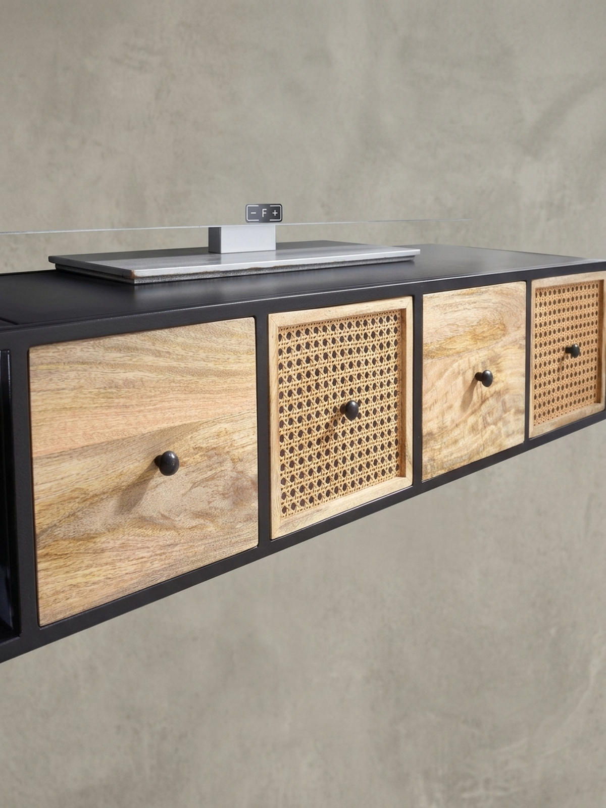 LOWBOARD Hängend Mango Massivholz Metall Modern Stil mit Schubladen und Rattan-Fronten - Schwarz, Holz/Metall (150/25/35cm) - KADIMA DESIGN