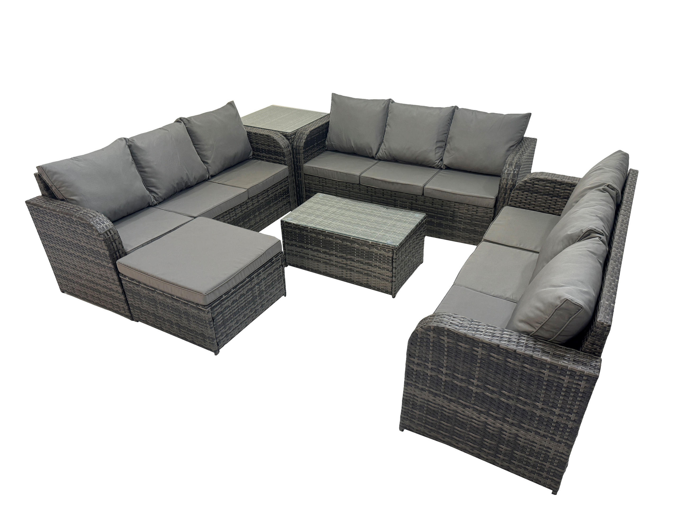 GARTENMÖBELGARNITUR mit KISSEN Polyrattan Dunkelgrau 10-Sitzer - Dunkelgrau/Grau, Glas/Kunststoff - Fimous