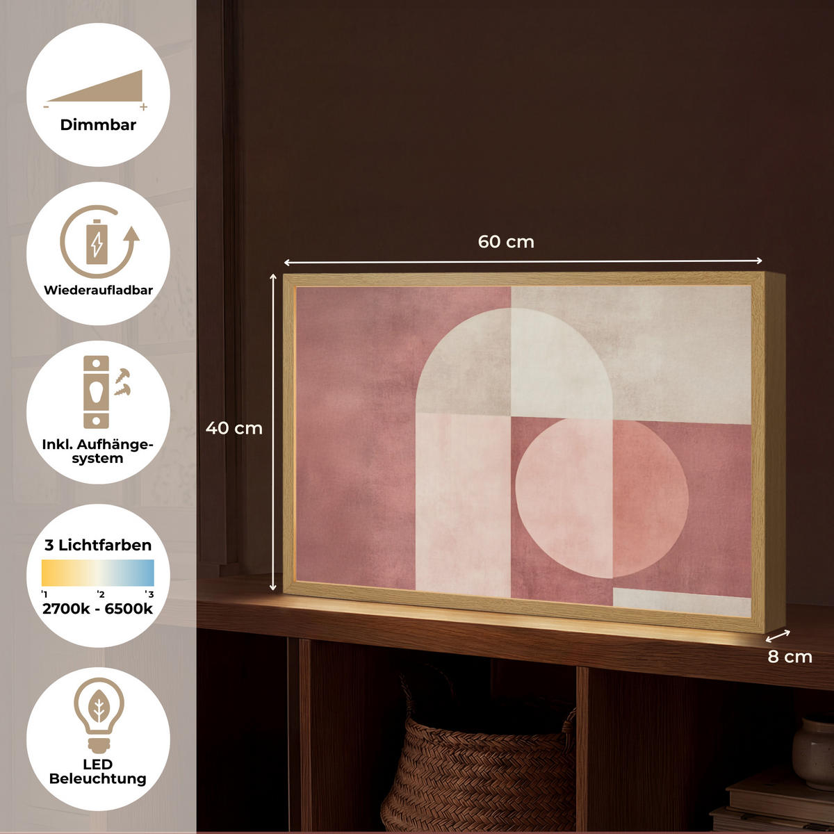 NÁSTĚNNÁ LAMPA S AKUMULÁTOREM Postavy - Abstraktní - Růžová 60x40 cm - starorůžová, kompozitní dřevo (60/40/8cm) - OnlyWow