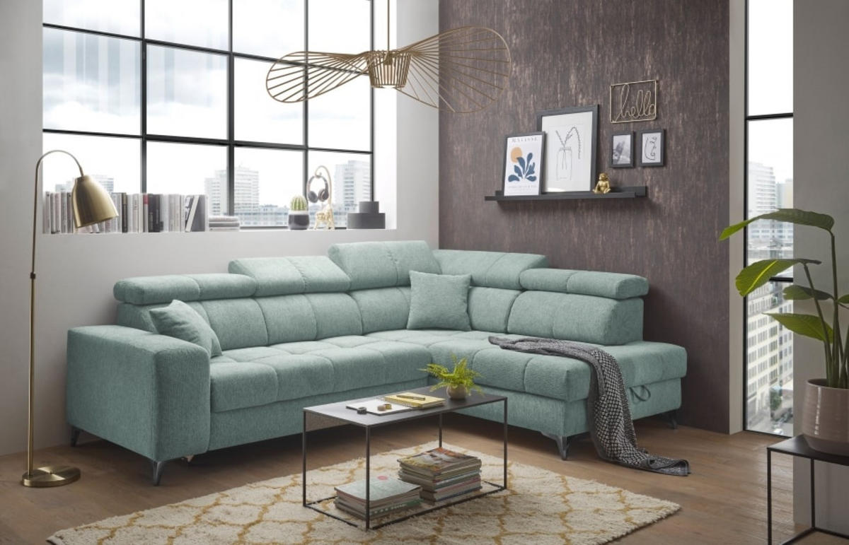 ECKSOFA mit Schlaffunktion und Bettkasten, Luxus-Mikrofaser - Blau/Schwarz, Textil/Metall (198/282cm) - ed exciting design