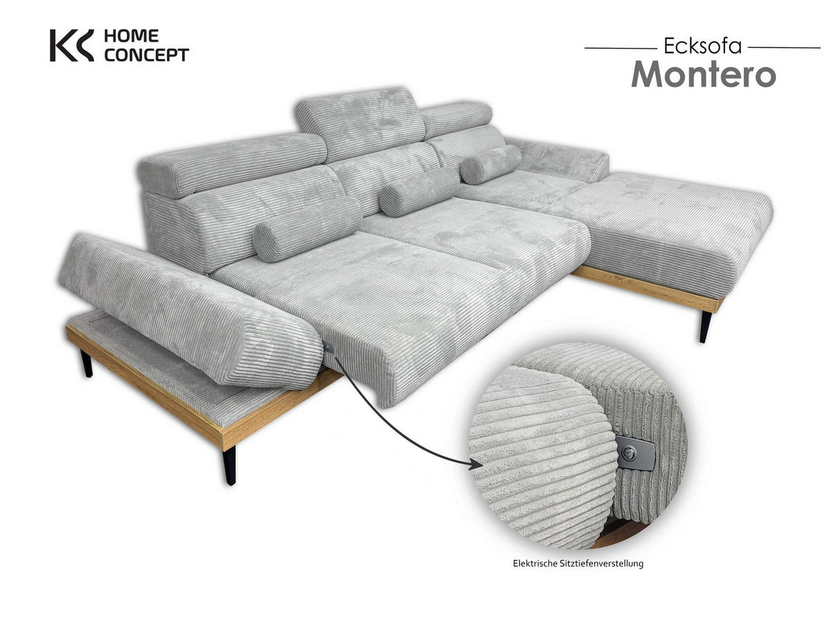 ECKSOFA MONTERO links, grau, elektr. Sitztiefe & Kopfstützen - Schwarz/Grau, Textil/Metall (316/205cm) - KS Home Concept