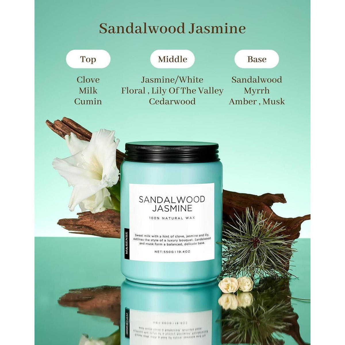 DUFTKERZE Sandelholz Jasmin 550g 2 Baumwolldochte 110 Stunden Brenndauer - Türkis, Paraffin (13cm)