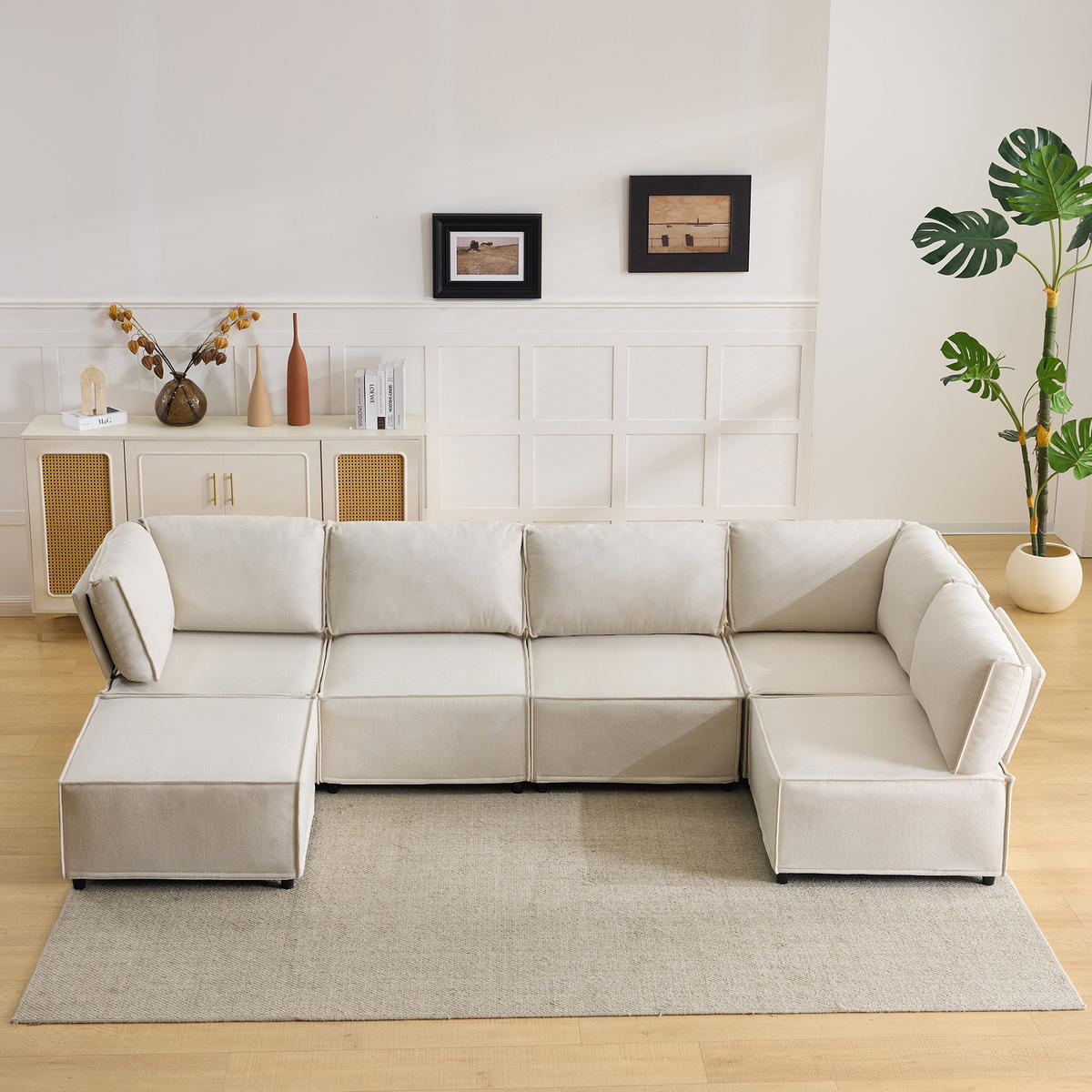 WOHNLANDSCHAFT Leinen Beige Frei kombinierbar - Beige, Holzwerkstoff/Textil (308/77/152cm) - WISHDOR
