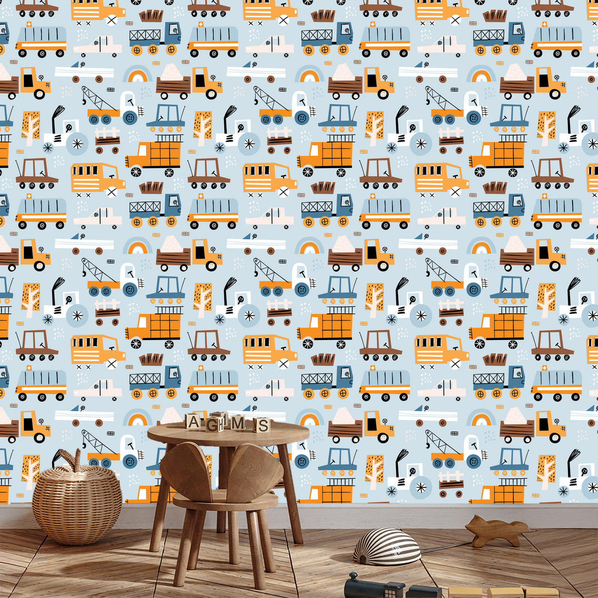 VLIESTAPETE Autos und Baustellenfahrzeuge – Orange, Blau, Grau – 50x1000 cm - Blau/Orange, Papier (50/1000cm) - Muralo