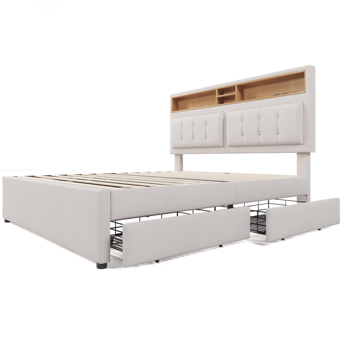 POLSTERBETT 140/200 cm Beige mit 4 Schubladen und USB-C Anschluss - Beige, Textil (140/200cm) - OKWISH
