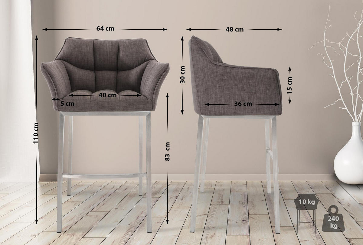 BARHOCKER Gibel Stoff Grau Silber - Grau, Textil (64/110/48cm) - DELUKE