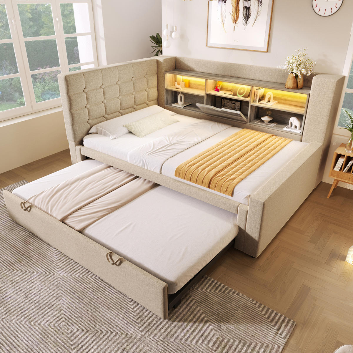 BETT mit Ausziehbett und Stauraum 90x200 cm Leinen Beige - Beige, Metall (90/200cm) - Beauniv