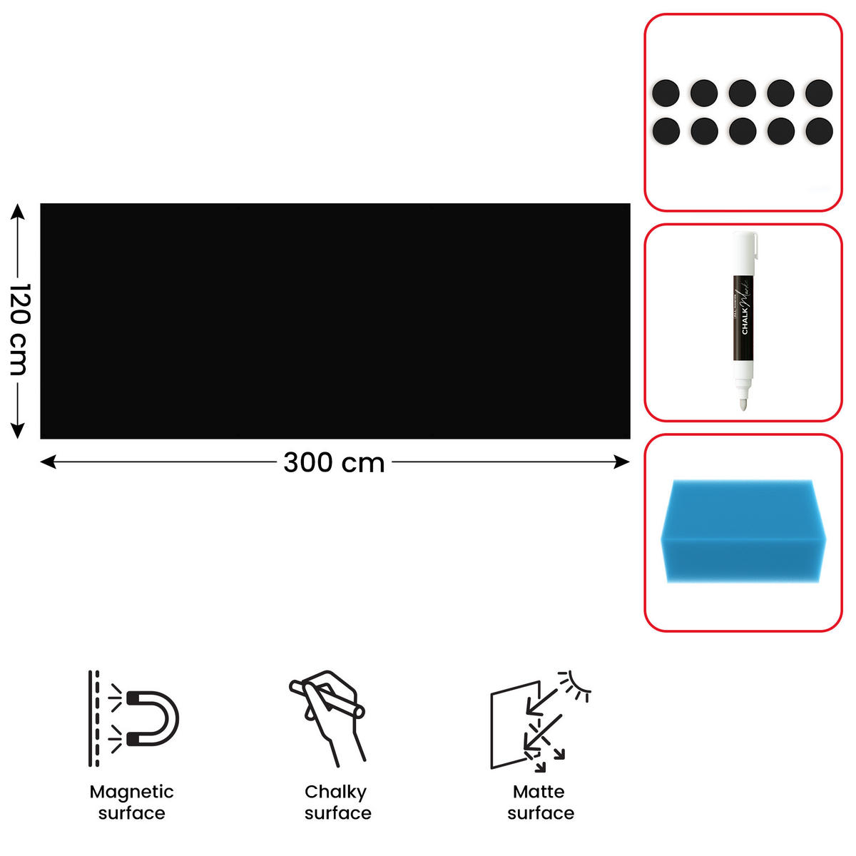 MAGNETPLATTE rahmenloses SLIMboard - Kreideoberfläche - 300x120 cm - Schwarz, Metall (300/120/0.3cm) - ALLboards