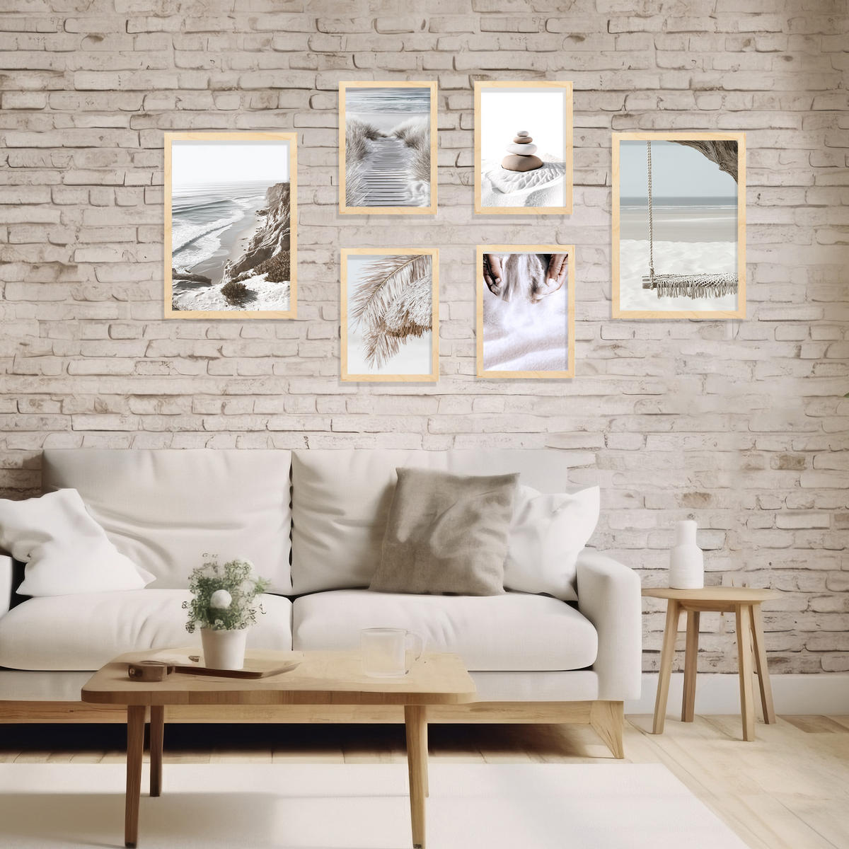 PLAKAT 6 moderních dekorativních maleb moře, pláže, západu slunce. Dekorativní krajinářské plakáty. Rám z lehkého dřeva velikosti A3 & A4 - béžová, papír (29.7/42/3cm) - Nacnic