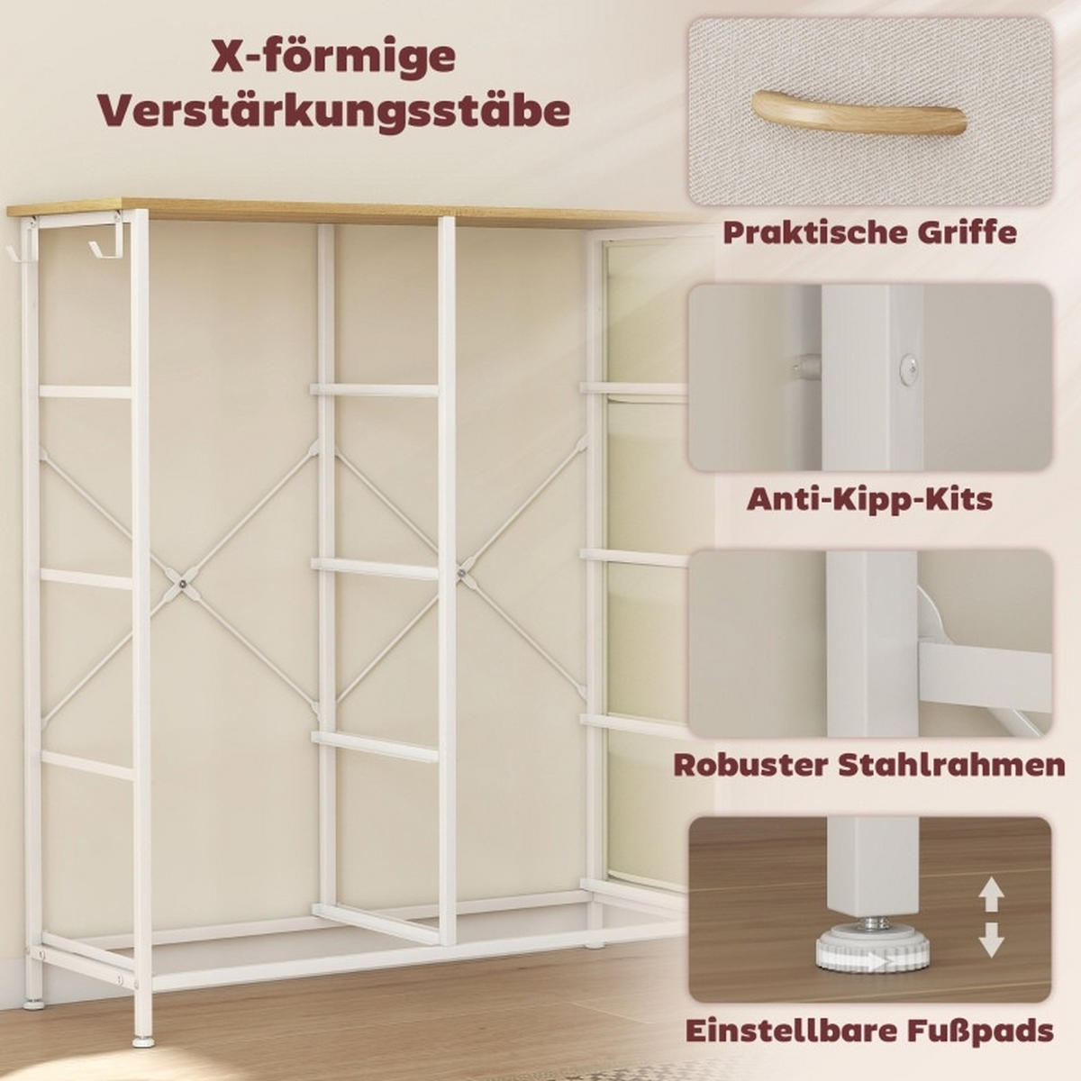 KOMMODE mit 8 Stoffschubladen 86 x 30 x 94,5 cm Stahl Beige - Beige, Metall (30/94.5/86cm) - Meubliv