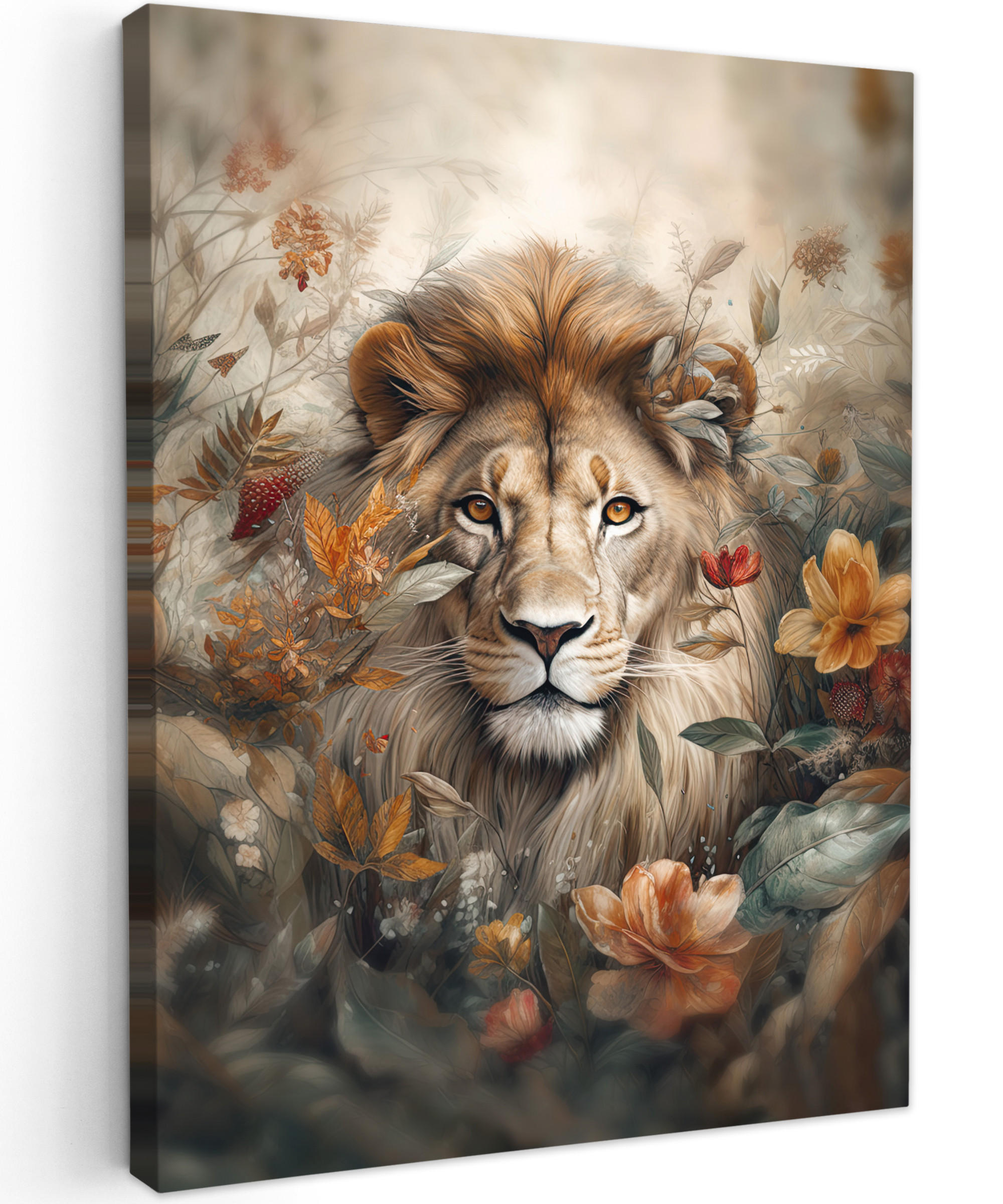 LEINWANDBILD Löwe - Wildtiere - Pflanzen - Natur - Blumen 60x80 cm - Beige, Textil (60/80cm) - MuchoWow