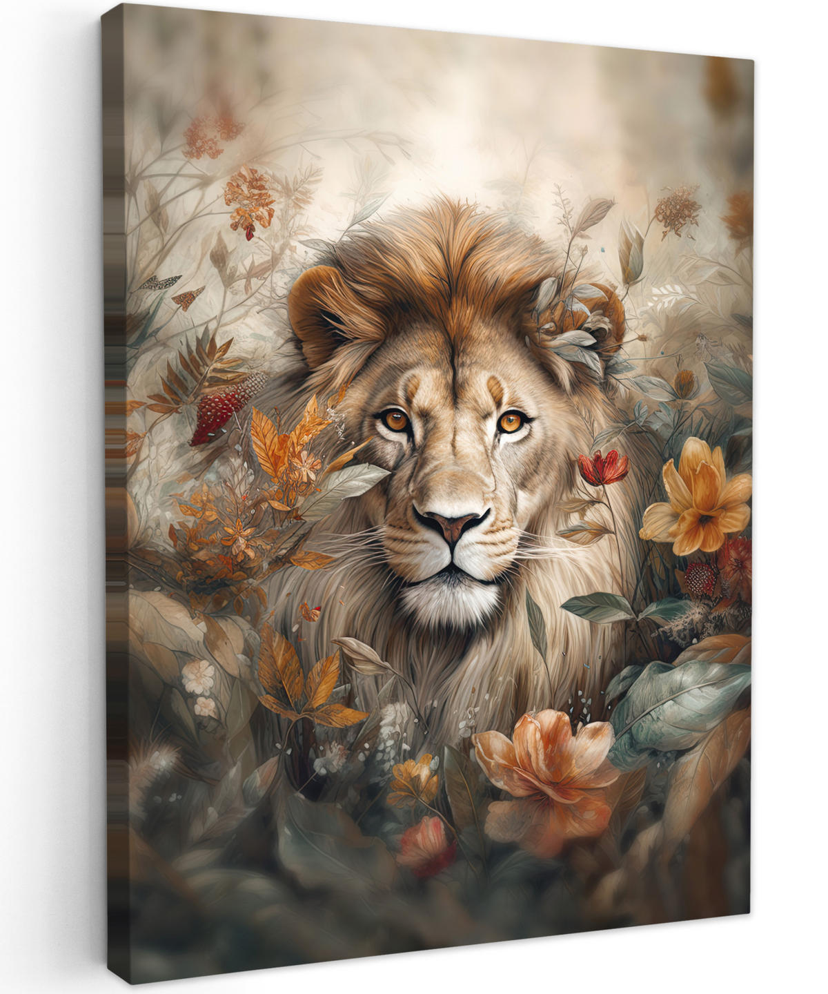 LEINWANDBILD Löwe - Wildtiere - Pflanzen - Natur - Blumen 30x40 cm - Beige, Textil (30/40cm) - MuchoWow