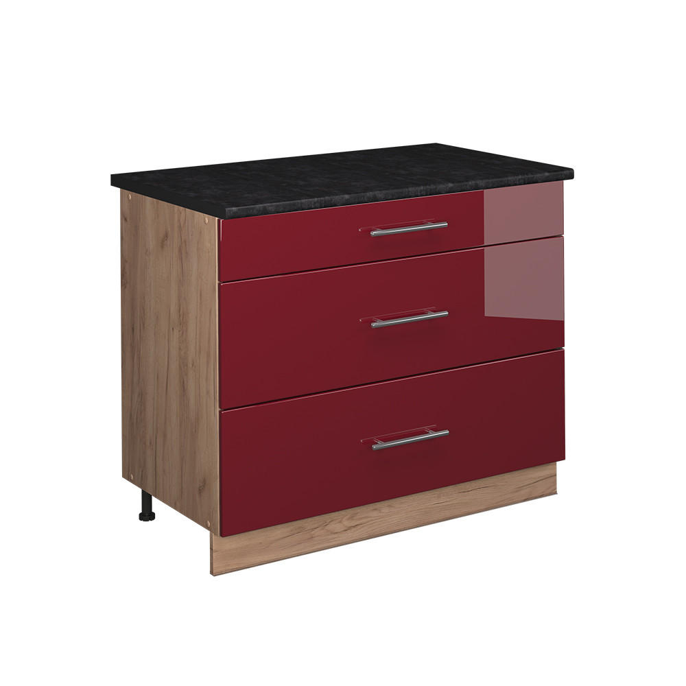 KÜCHENUNTERSCHRANK Fame-Line, Bordeaux Hochglanz/Goldkraft Eiche, 100 cm, AP Anthrazit - Honigeiche/Bordeaux, Holzwerkstoff (100/82/60cm) - Vicco