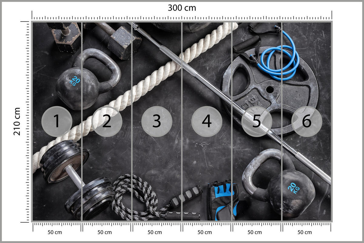 FOTOTAPETE für Fitnessstudio Sportgeräte zum Trainieren Kettlebells Hanteln 300x210 - Blau/Creme, Papier (300/210cm) - Muralo