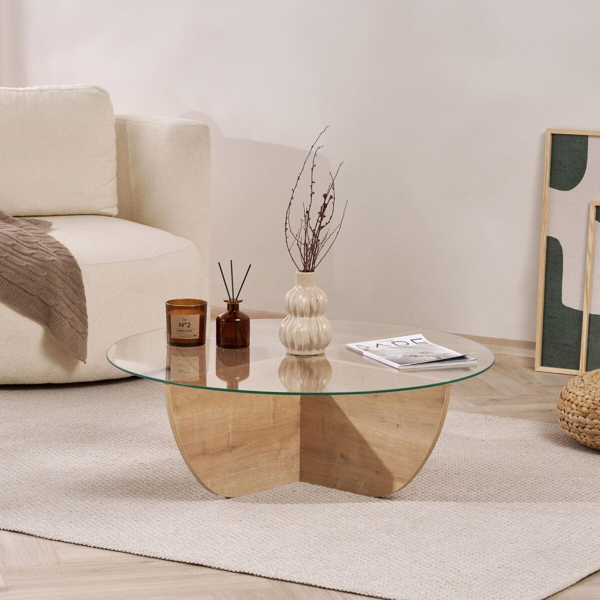 COUCHTISCH mit Glasplatte Nina 90/90/30 cm - Eichefarben, Holzwerkstoff (98/90/30cm) - Calicosy