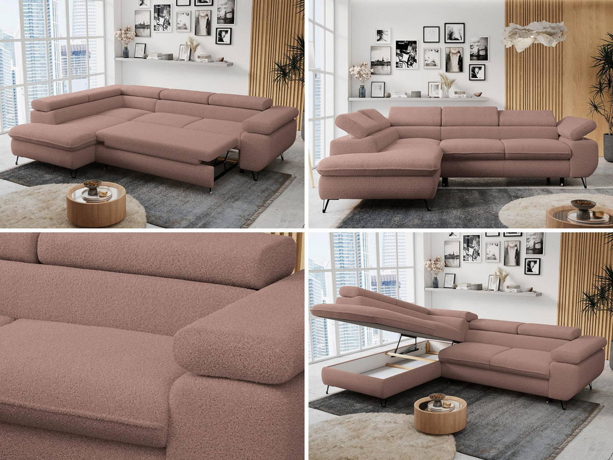 ECKSOFA PETER L Rosa Boucle - Links Seite - Schwarz/Rosa, Textil/Metall (208/273cm) - MKS