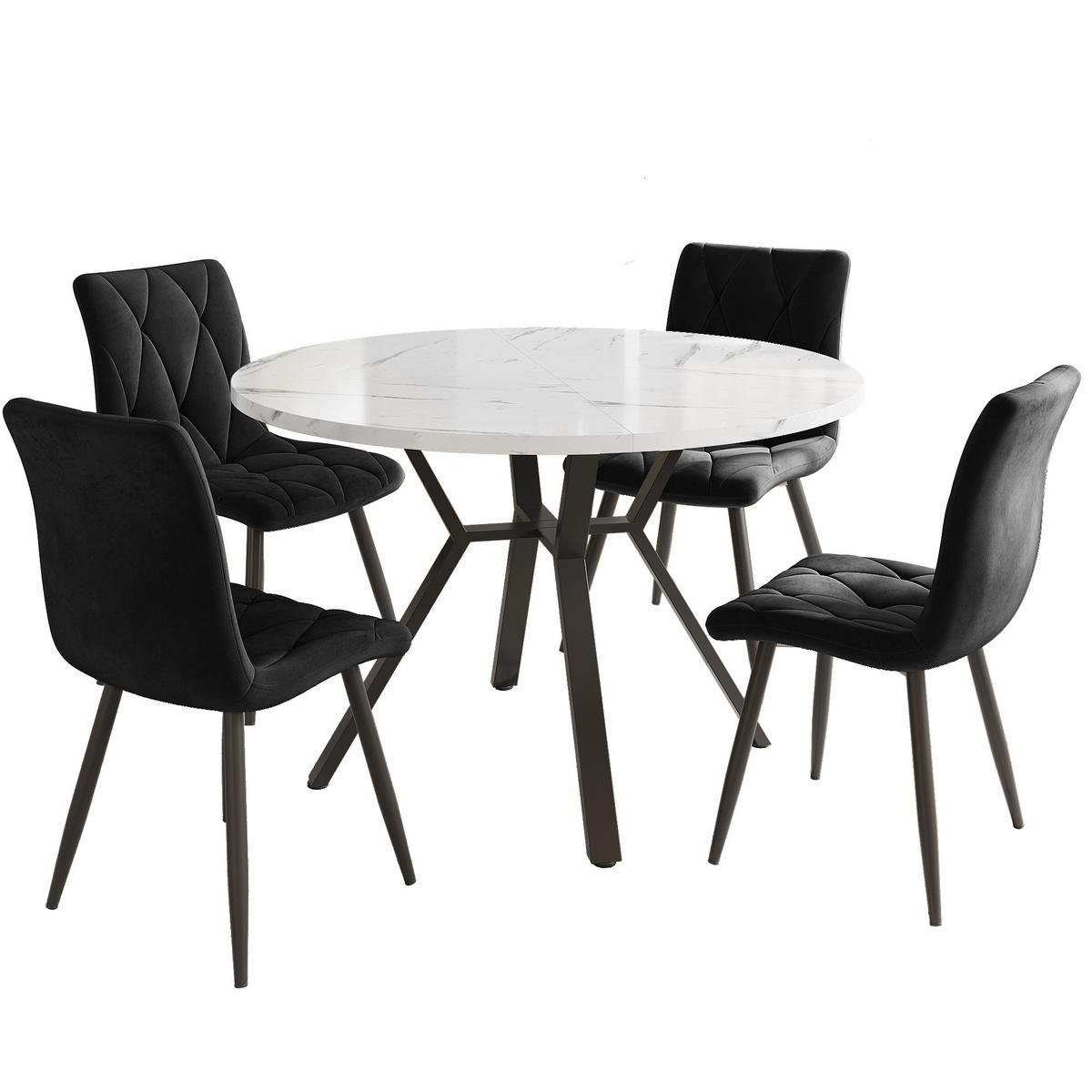 ESSTISCHSET 5-Teilig Rund Marmor, Schwarze Metallbeine, 4 Schwarze Stühle - Schwarz, Metall (100/75/100cm) - FLIEKS