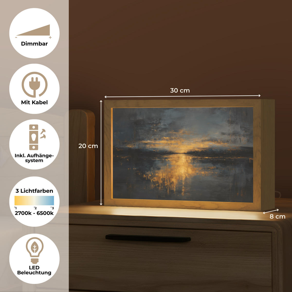 TISCHLEUCHTE Goldene Reflexion auf dem Wasser 30x20 cm - Beere, Holzwerkstoff (8/30/20cm) - OnlyWow