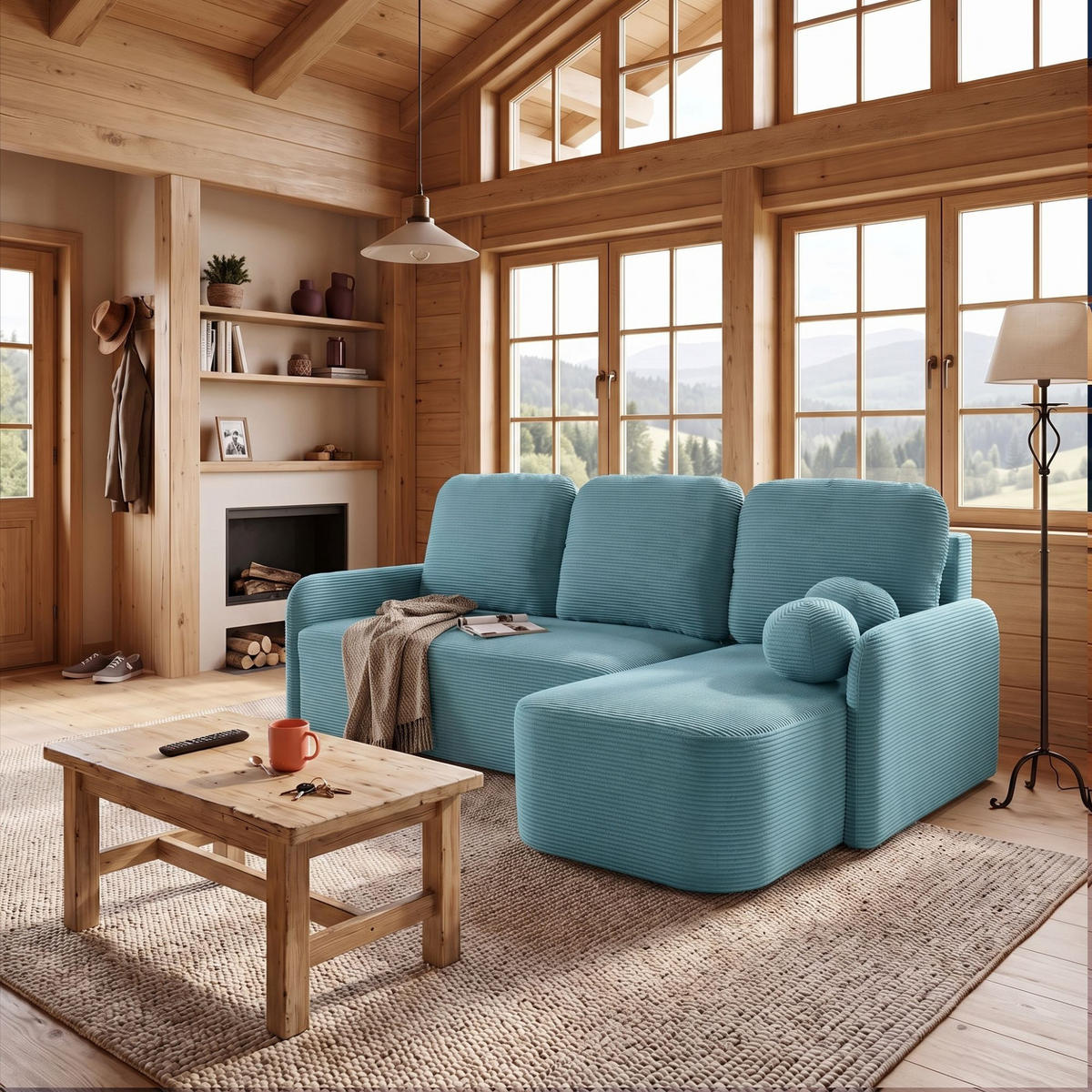 ECKSOFA CASPER L Rechts mit Schlaffunktion 132x198 Cord Blau - Blau/Schwarz, Holz/Kunststoff (145/217cm) - NACANAPA