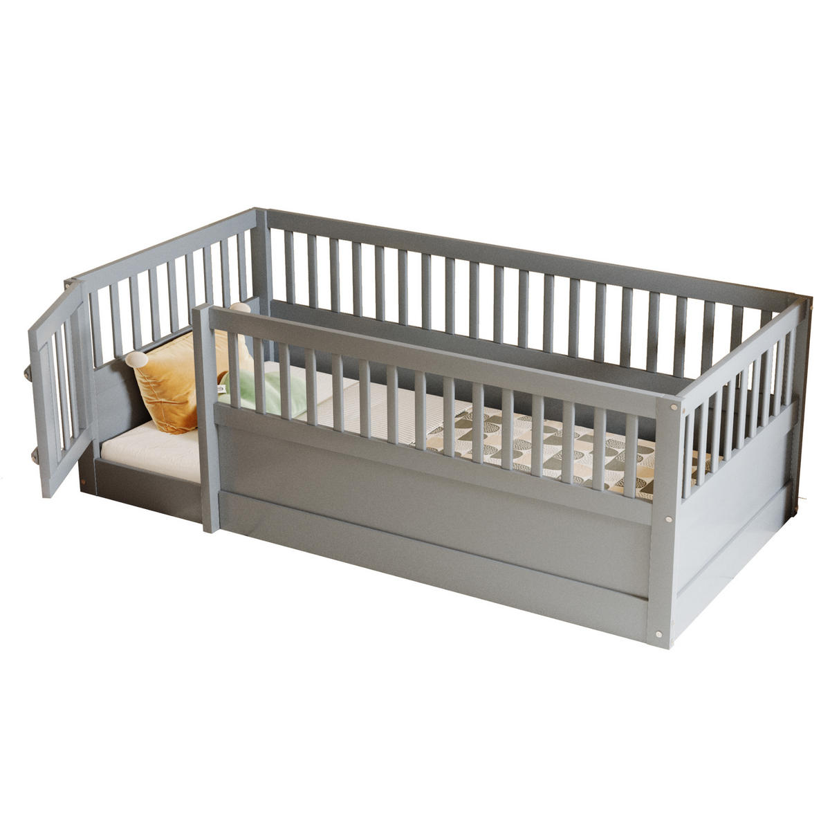 KINDEREINZELBETTEN aus Massivholz 90x200 cm in Grau mit Zaun & Tür - Grau, Holz (90/200cm) - Modfu