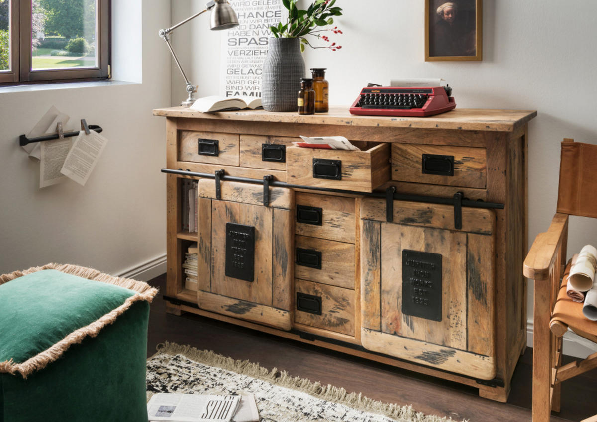 SIDEBOARD Florenz Mango Vintage 150 x 45 x 90 cm - Schwarz/Braun, Holz/Metall (150/90/45cm) - Mr. Deko