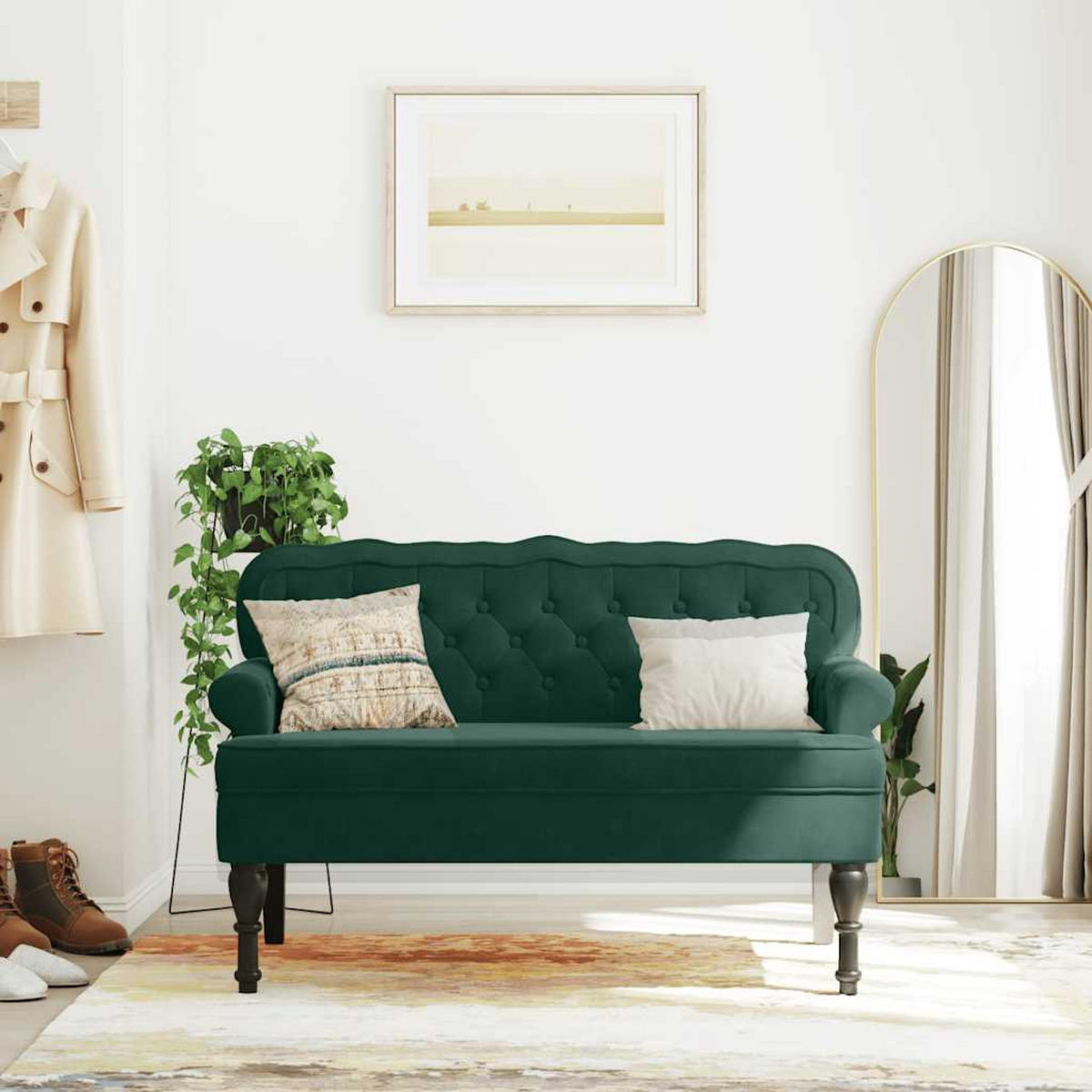 SITZBANK Mit Rückenlehne Dunkelgrün 119,5/64,5/75 Cm Samt - Grün, Naturmaterialen (64.5/75/119.5cm) - vidaXL