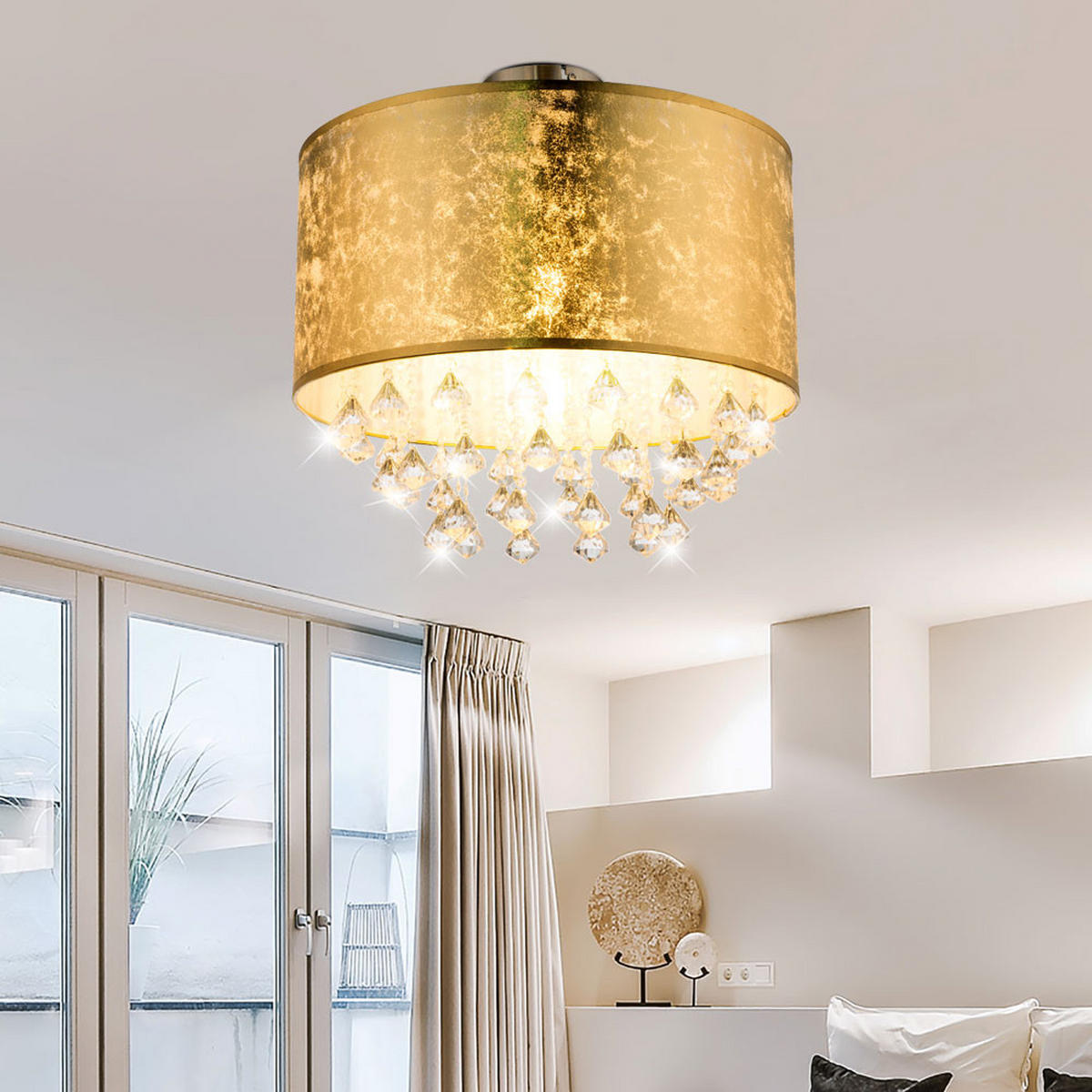 DECKENLEUCHTE Metall Textil Blattgold Kristalle - Goldfarben, Metall (30/30/31cm) - Globo Lighting