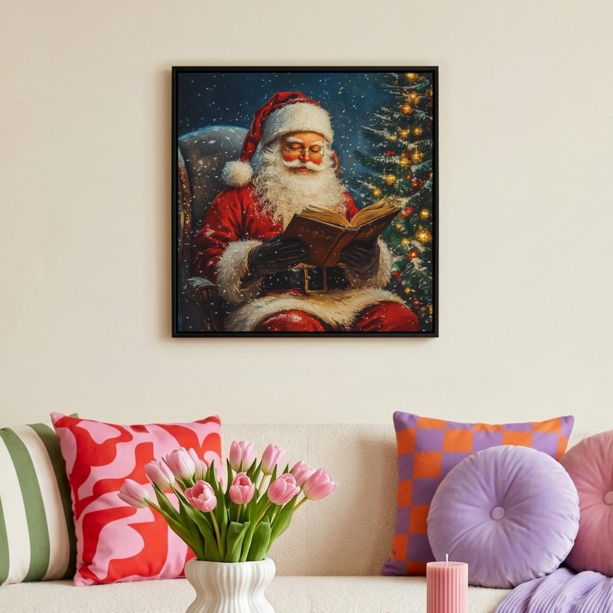 LEINWAND Bilder mit Rahmen - Weihnachtsmann - Weihnachten - Winter - Weihnachtsbaum - 50x50 - Bordeaux, Textil (50/50cm) - MuchoWow