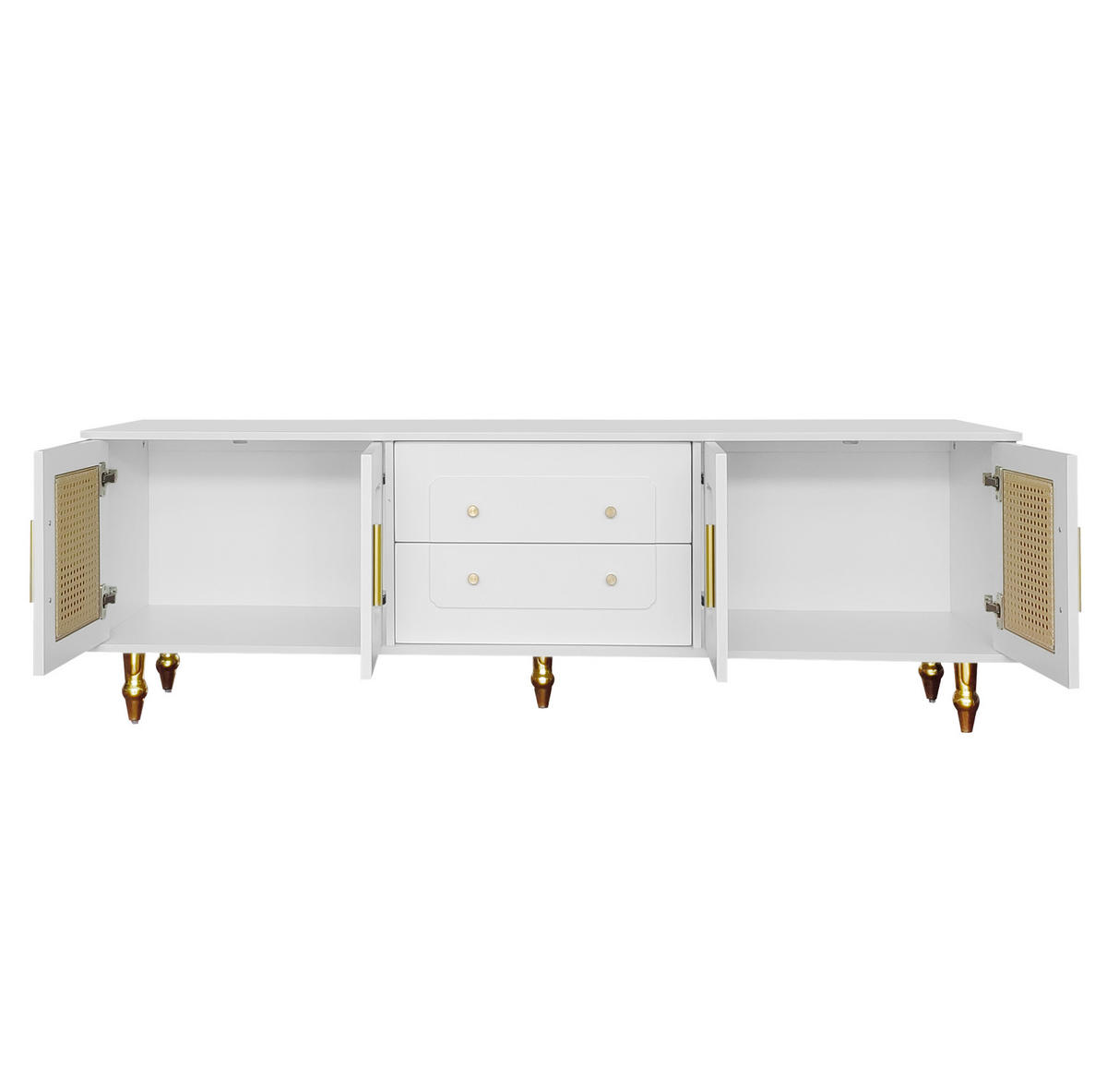 TV-LOWBOARD aus Spanplatte 175x38x55,5 cm Weiß mit Push-to-Open-Schubladen und PVC-Rattantüren - Weiß, Holzwerkstoff (175/55.5/38cm) - Modfu