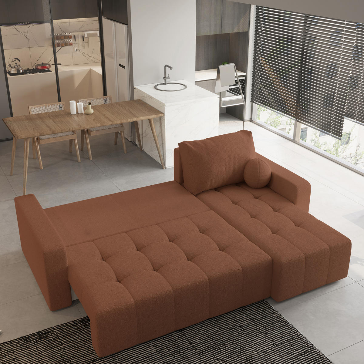 ECKSOFA VOLIRA Kupferfarben Boucle-Stoff mit Schlaffunktion - Kupferfarben, Holz (230/143cm) - MASSENO