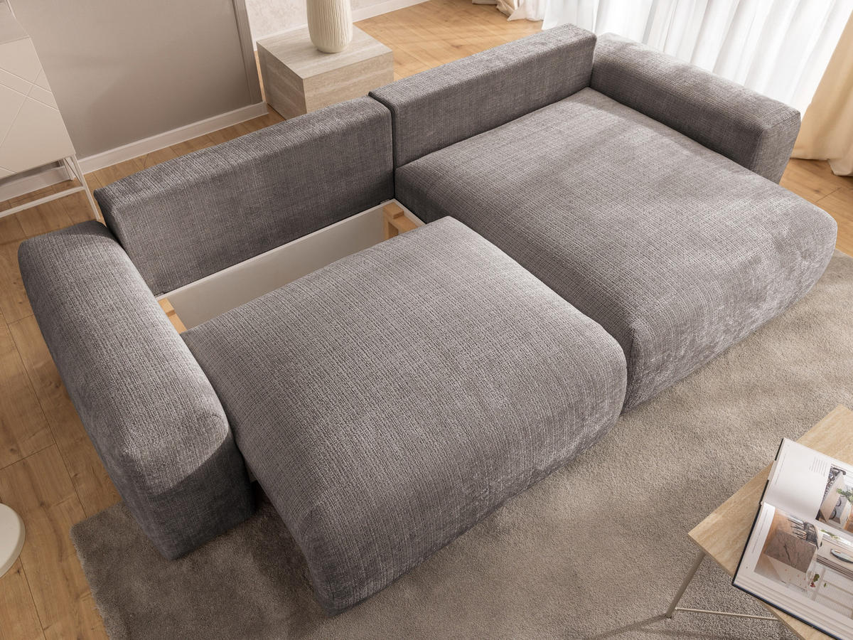 ECKSOFA Puffy mit Schlaffunktion und Bettkasten - besonders weich und puffig aus Taupe Chenille-Stoff - Ottomane rechts - Taupe/Schwarz, Holz/Kunststoff (266/138cm) - S-Style Möbel