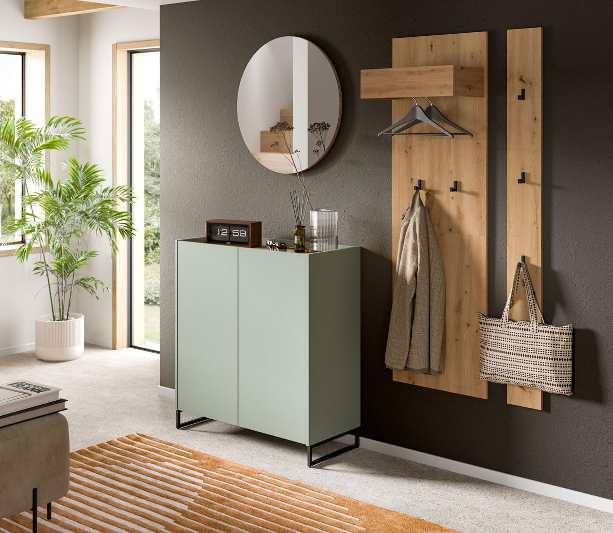 GARDEROBE-SET Salbei und Artisan Eiche, Garderobe 4-teilig, 186 x 197 cm, Soft-Close, Borga - Salbeigrün/Schwarz, Holzwerkstoff/Metall (186/197/38cm) - Inn.Furn