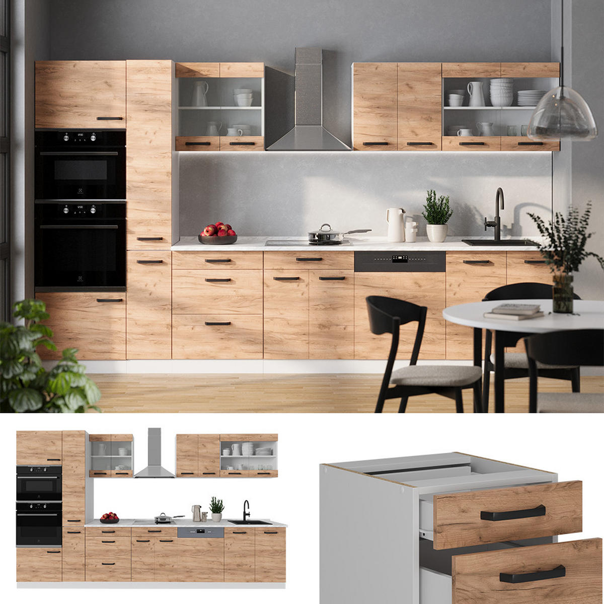 KÜCHENZEILE R-Line Goldkraft Eiche/Weiß 350 cm AP Eiche - Honigeiche/Eiche Wotan, Holzwerkstoff (350/81.6/60cm) - Vicco