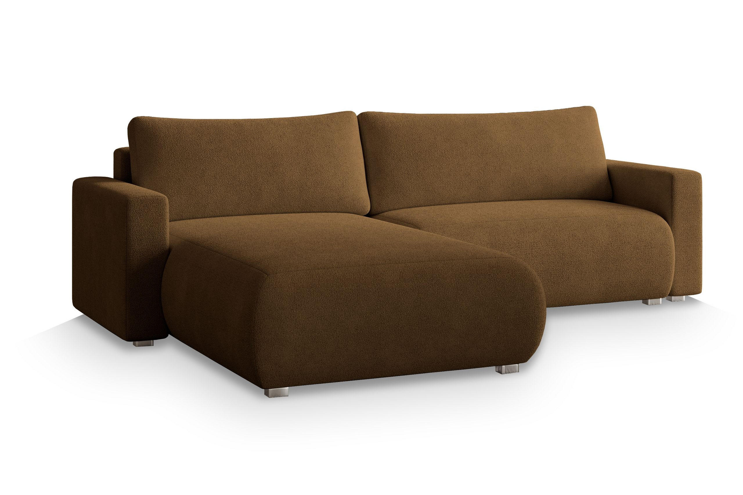 ECKSOFA TURIN N Braun Bucle-Stoff mit Schlaffunktion - Braun, Holz (265/183cm) - MASSENO