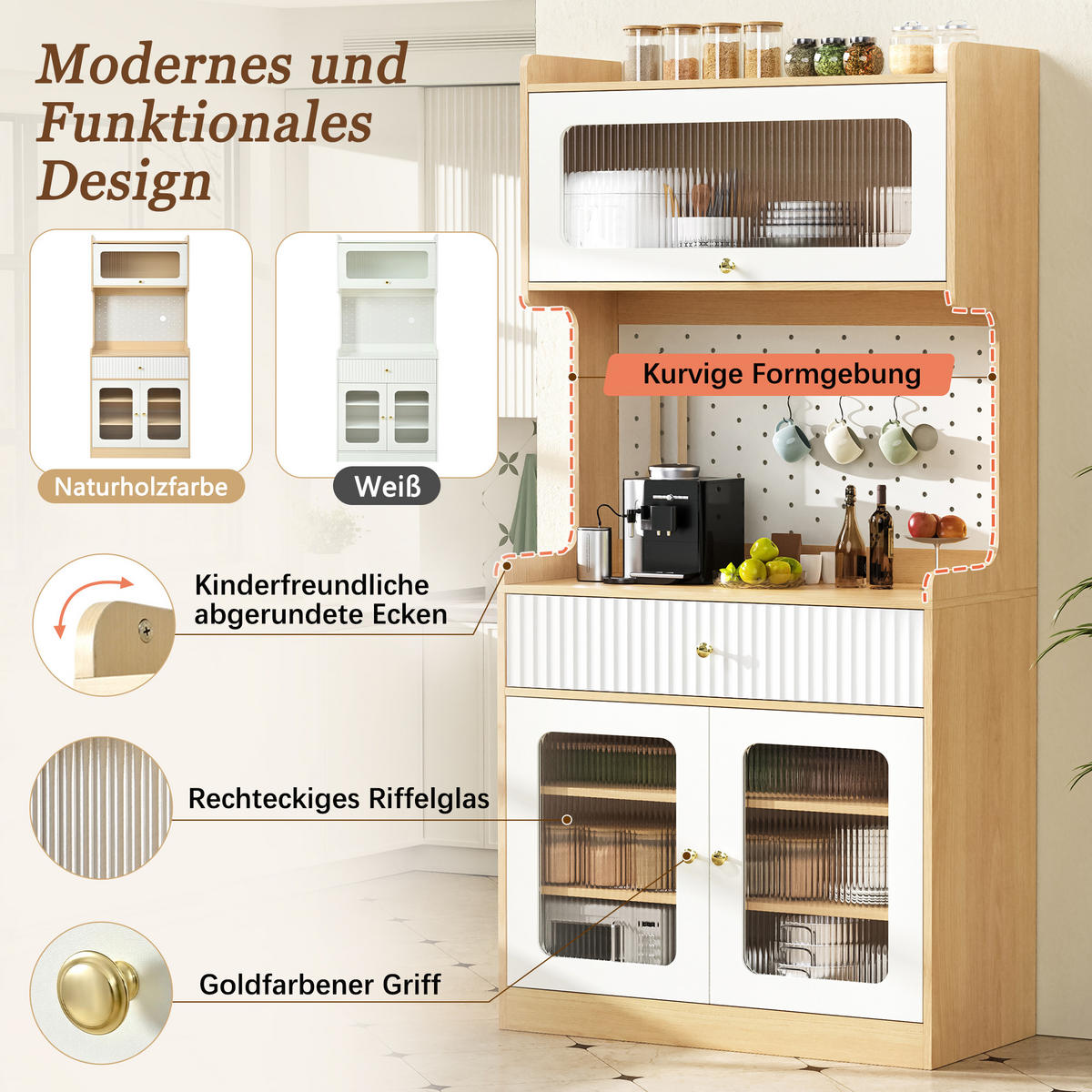 BUFFET in Narurfarben Highboard mit LED und verstellbare Einlegeböden für Ess-, Wohn- und Küche, B80/T40H180cm - Weiß/Naturfarben, Holzwerkstoff (80/180/40cm) - STILVORA