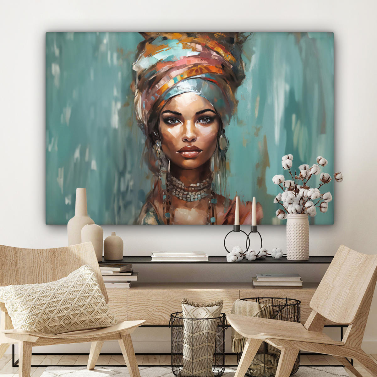 LEINWANDBILD Frau - Kunst - Schmuck - Porträt Groß 140x90 cm - Blaugrau, Textil (140/90cm) - MuchoWow