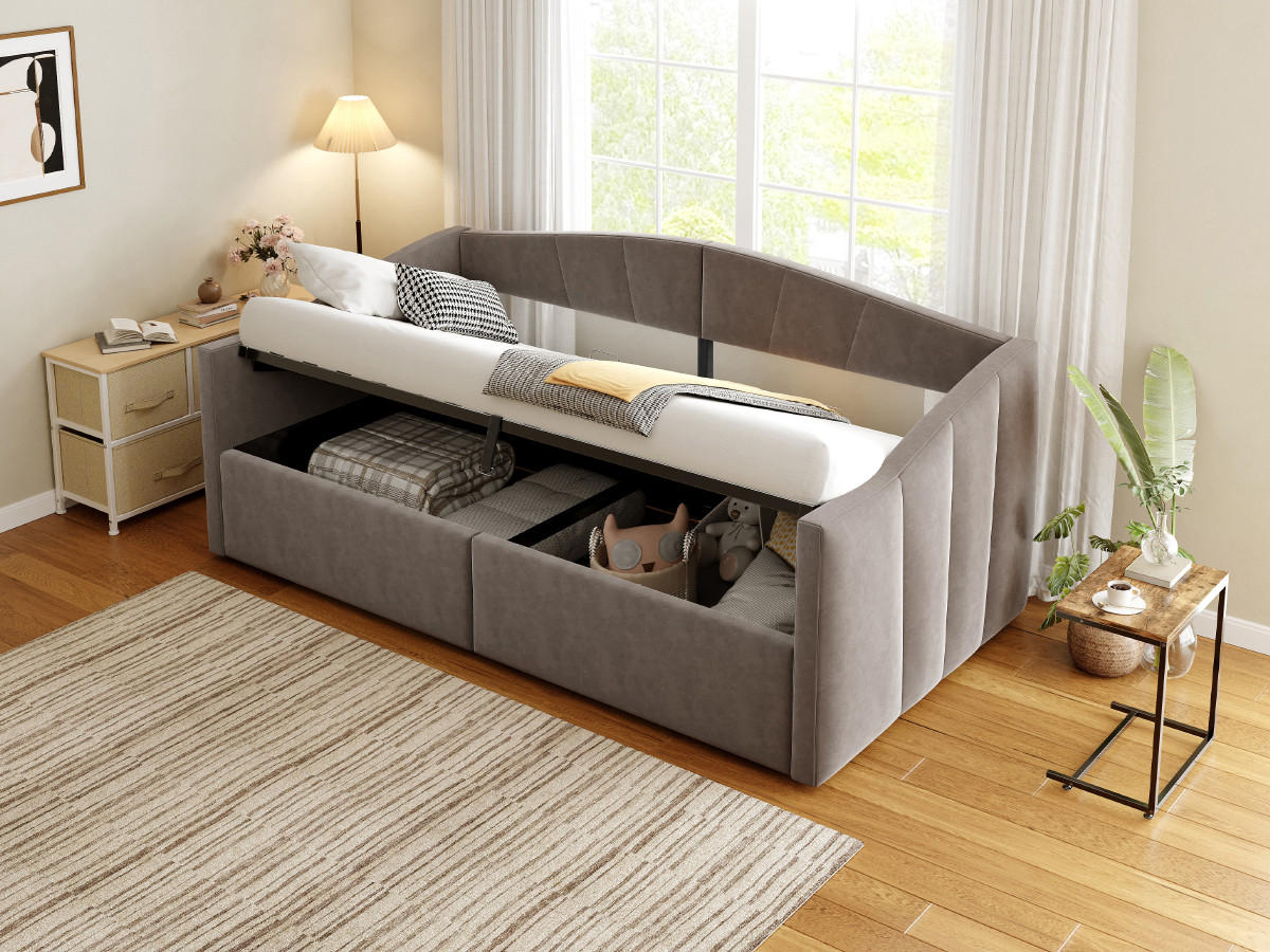 POLSTERBETT 90x200 cm Stauraum Samt grau - Grau, Textil (90/200cm) - LEBENLANG