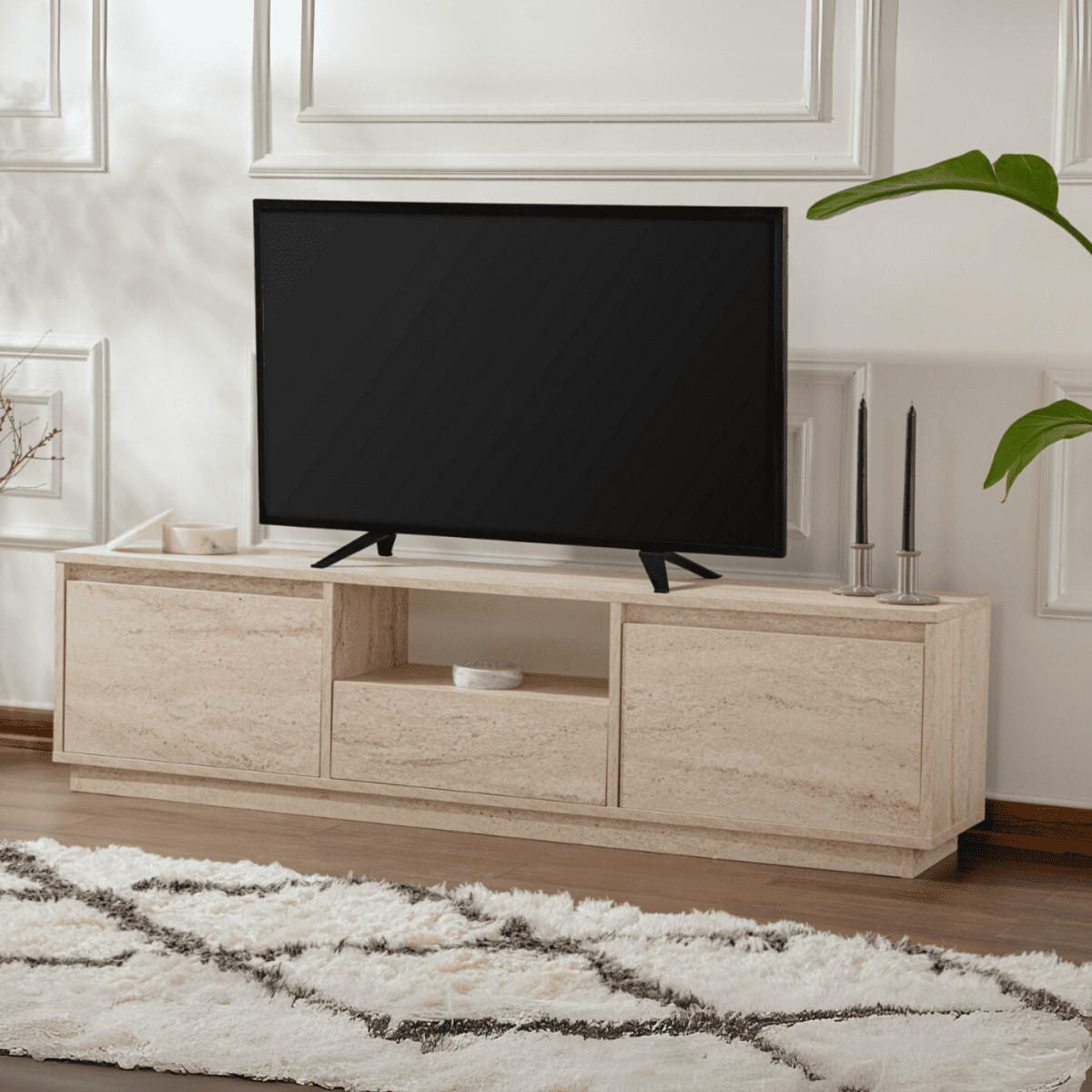 TV-MÖBEL mit 3 klappbaren türen und 1 offenem fach - vanguard 160/29,5/42 cm - Beige, Holzwerkstoff (29.5/42/160cm) - Calicosy