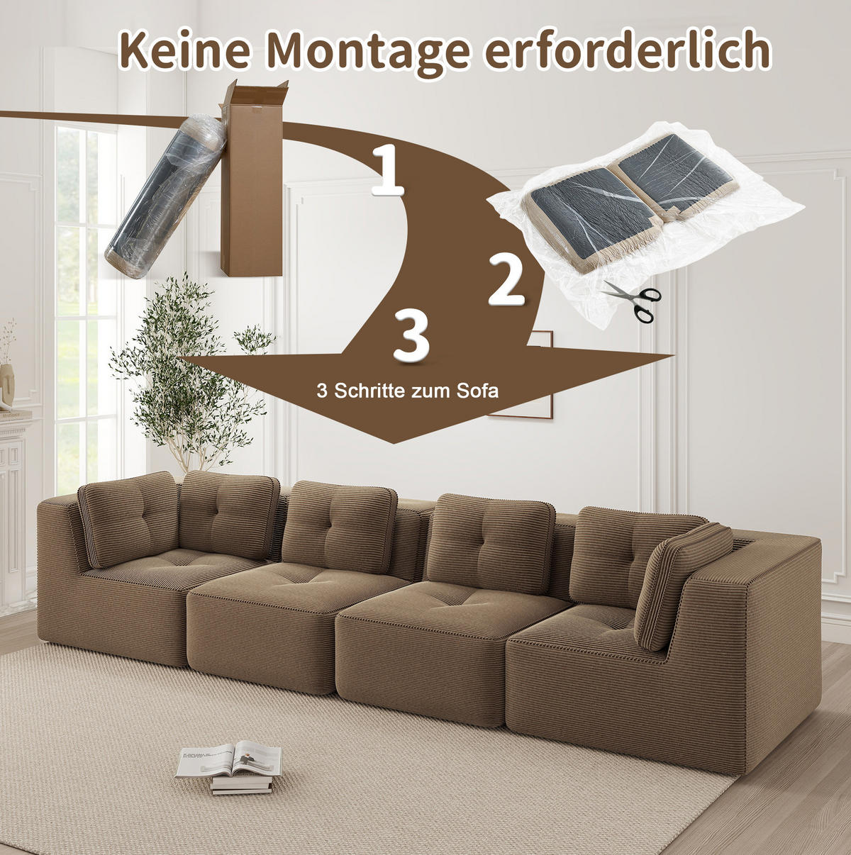 ECKSOFA 386/104/69 cm braun aus Cord mit modularem Design, ohne Aufbau und rutschfestem Stand - Braun, Textil (104/386cm) - OKWISH