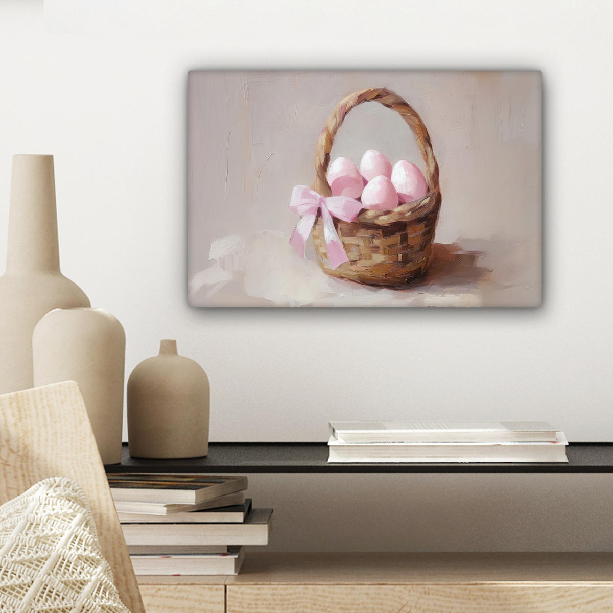 LEINWANDBILD Korb - Eier - Rosa Deko Schlafzimmer 30x20 cm - Beige, Textil (30/20cm) - MuchoWow