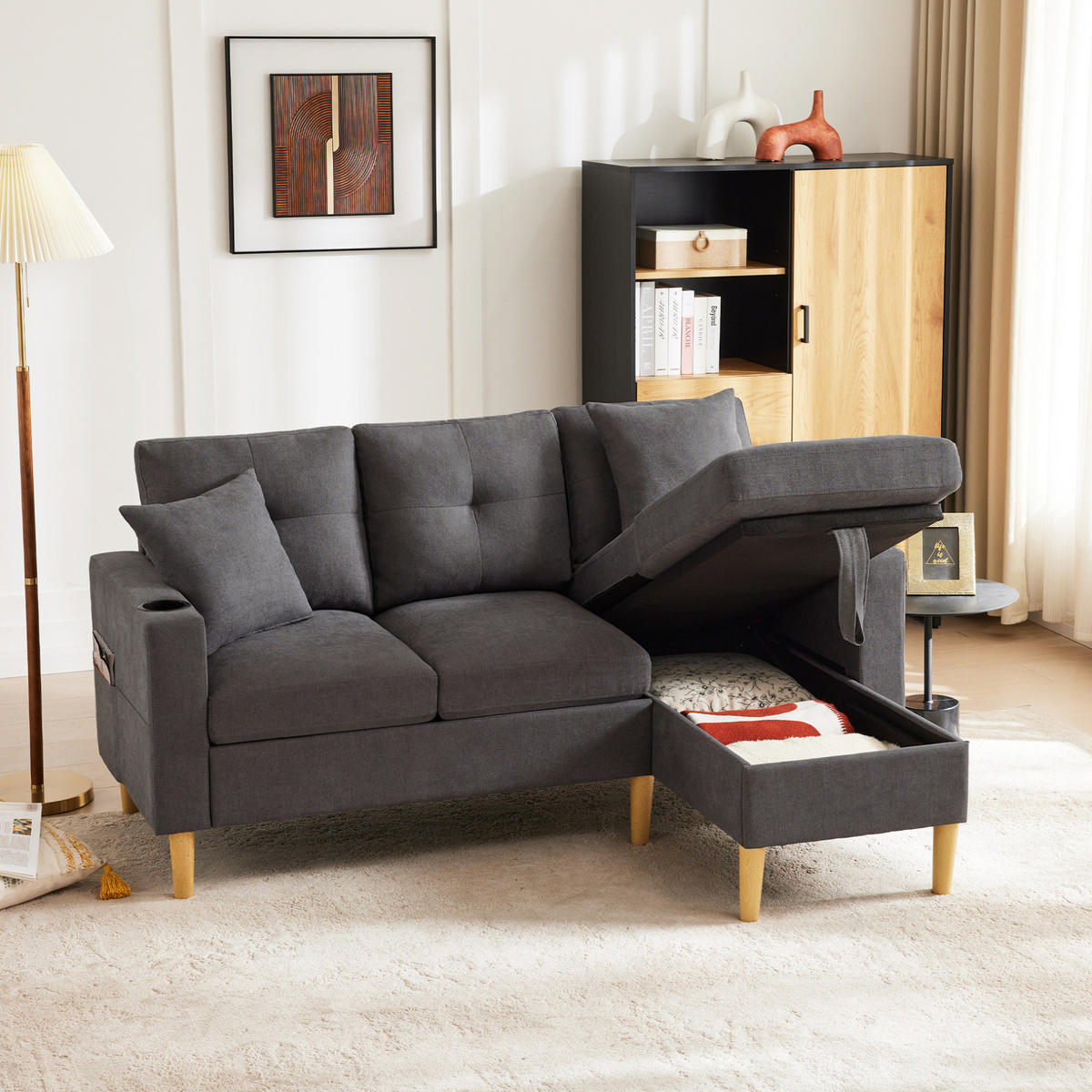 ECKSOFA 175/129/90 cm dunkelgrau aus Baumwoll-Leinen mit Stauraum - Dunkelgrau, Textil (175/129cm) - OKWISH